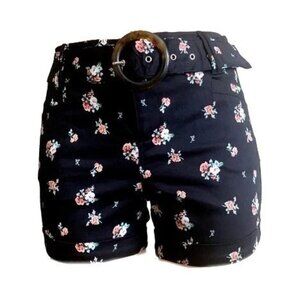 Torrid Belted 5" Mid rise satin floral Black Stretch Cuffed Pocket Shorts 16